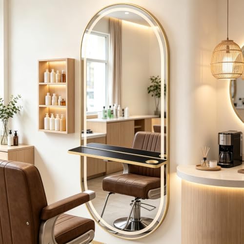 Wall Mounted Salon Station Mirror with LED Light, Shelf & Hair Dryer Holder - Image 6