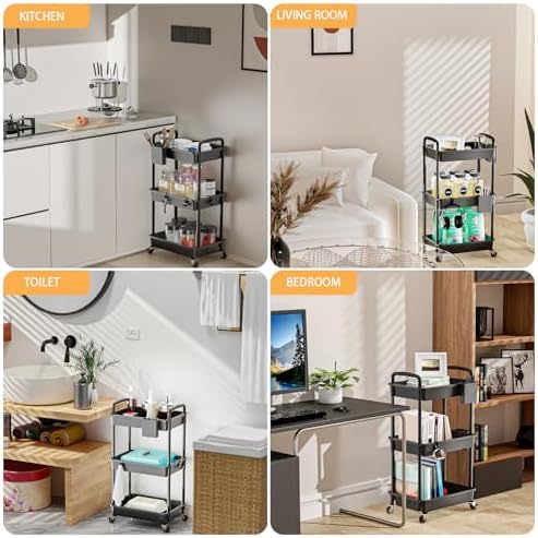 3 Tier Rolling Utility Cart with Handle,REBECAT Utility Cart Made of Multifunctional Storage Organizer Tool for Kitchen,Bathroom,Living Room,Office(Black) - Image 6