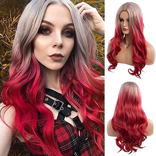 Long Curly Wavy Silver Grey to Red Wig Middle Part Natural Looking Synthetic Cosplay Wig for Women by Beweig