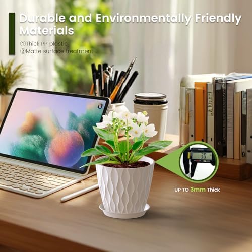 Meowell 5 inch Plant Pots for Indoor Outdoor Plants, 6 Pack Thick Nursery Pots with Drainage Holes and Saucers, 3D Modern Wave Texture Small Plastic Planter Flower Pots for Succulent, Herb, White - Image 4
