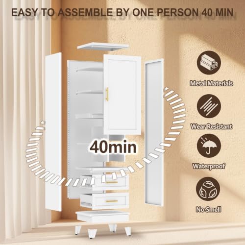 67" Tall Metal Pantry Cabinet, Narrow Freestanding Storage Cabinet, White - Image 7