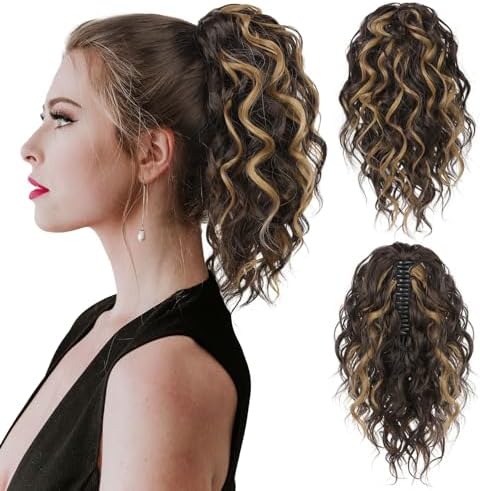 Flufymooz Ponytail Extension, 12" Short Claw Ponytail Wavy Curly Jaw Clip in Pony Tails Hair Extension Natural Synthetic Hairpiece for Women (Chocolate Brown with Blonde Highlights) by Flufymooz