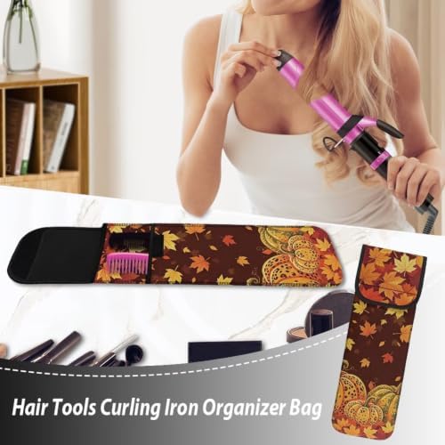 Thanksgiving Maple Leaf Pumpkin Curling Iron Holder Heat Resistant Neoprene Curling Iron Cover Bag with Pocket Curling Iron Organizers and Storage for Hair Straightener, Curling Iron, Flat Iron - Image 5