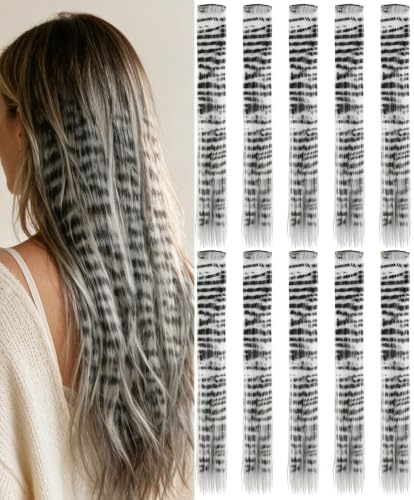10 Pcs Sliver Gray Hair Extensions, Raccoon Tail Striped Accessories 22 In by Olldag