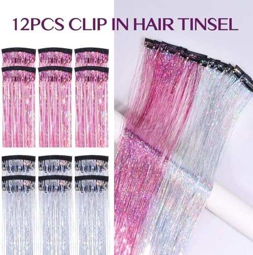 IDN BEAUTY Hair Tinsel Clip In Mixed Pink Silver Sparkle Hair Extensions 24 Inch 12pcs - Image 4