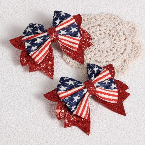 4th of July Bows Hair Clips 2pcs 3.5" Glitter Red White Blue Stars Stripes Patriotic Hair Bows for Teen Girls Women Independence Memorial Day Xmas Party Outfit Dress Decor Accessory Gift - Image 2