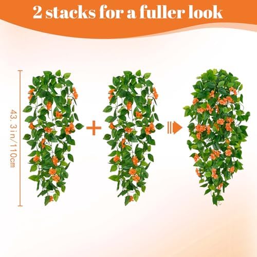 BLEUM CADE Artificial Hanging Flowers for Outdoors, 2pcs Fake Hanging Plants Pothos Vines with Orange Flowers for Wall Home Living Room Indoor Outdoor Fall Decor (No Baskets) - Image 2