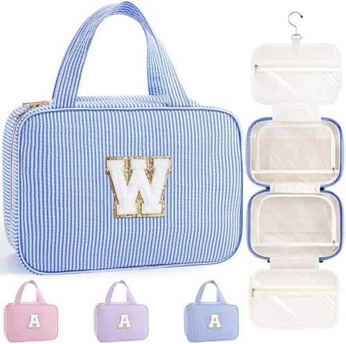 TOPEAST Hanging Toiletry Bag for Women - Travel Toiletry Bag Makeup Bag, Portable Toiletries Cosmetic Bag, Airplane Travel Essentials - Letter W, Blue by TOPEAST