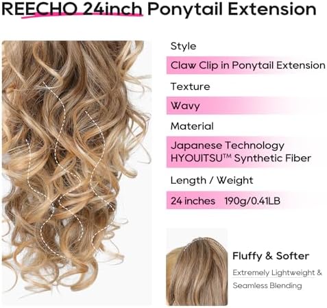 REECHO Ponytail Extension, 24" Claw Clip in Long Curly Wavy Ponytail Hair Extension Jaw Clip on Pony Tails Hairpiece for Women - Dark Brown to Blonde - Image 2