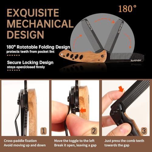 1PC Wooden Beard Comb for Men - Folding & Secure Lock & Pocket clip, 0.12lb - Image 3