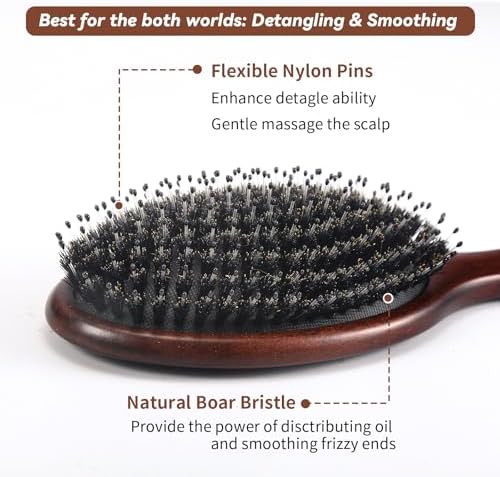 Hair Brush, Boar Bristles Hair Brush for Women Men Kids, Boar & Nylon Bristle Brushes for Smoothing Massaging Scalp Detangling Wet/Dry Hair, Reduce Frizz Dry Restore Natural Shine - Image 2