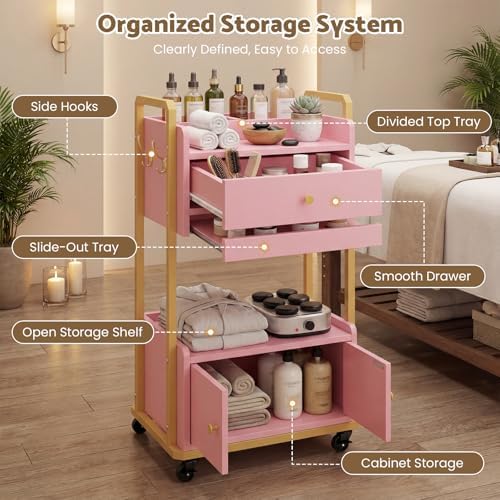 Salon Trolley Cart with Storage Cabinet for Beauty Spa & Salon Use, Pink - Image 4