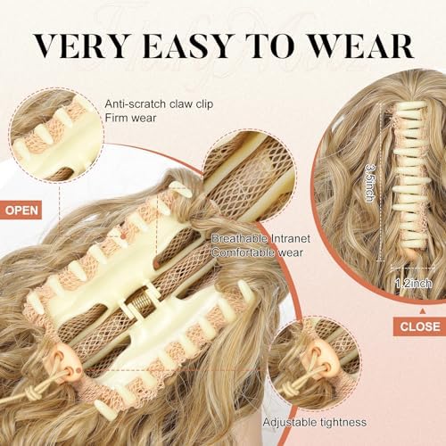 Flufymooz Ponytail Extension, 12" Short Claw Ponytail Extension Wavy Curly Jaw Clip in Pony tails Hair Extension Natural Synthetic Hairpiece for Women (Golden Blonde with Highlights) - Image 4