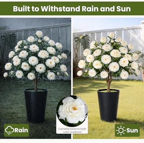 2 Pack 3FT Artificial Camellia Tree with Ground Spike, Full Bloom Fake Camellia Plant Outdoor, Dense Flower Artificial Trees for Front Porch Decor, Patio Garden Yard Decorations, White - Image 5