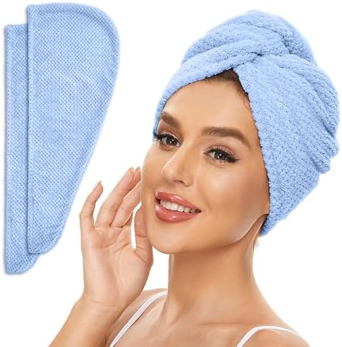 SimpleField 2 Pack Microfiber Hair Towel Wrap for Women, Anti Frizz Quick Drying Hair Turban for All Hair Style, Absorbent and Lightweight (Blue) by SimpleField