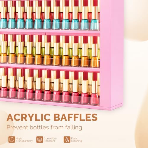 OmySalon Nail Polish & Gel Powder Rack With Led Lighting, Pink Wall Shelf - Image 5