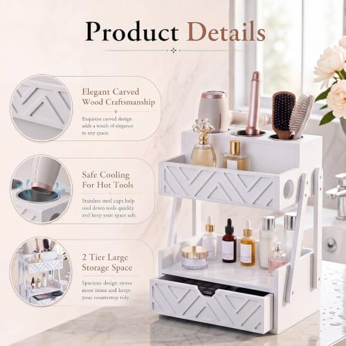 Hair Tool Organizer with Drawer 2 Tier Bathroom Countertop Organizer, White - Image 4
