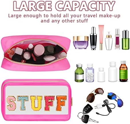 Iqimott Clear Patch Makeup Bag Stuff Pouch, Preppy Personalized Chenille Letter Cosmetic Pouch for Travel, Nylon Waterproof Travel Essentials Zipper Toiletry Bags for Women Girls(STUFF, RoseRed) - Image 4