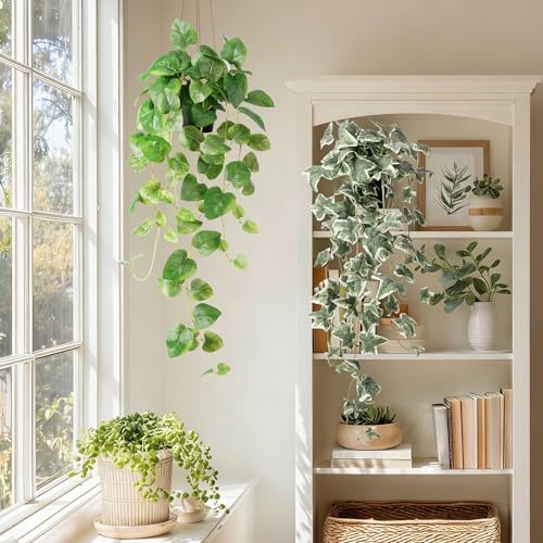 Artificial Plants Indoor with Pots, Fake Pothos Hanging Plant Set of 2, Silk Faux Greenery Ivy for Outdoor, Realistic Fake Potted Plants for Shelves Office Wall Decor, Green 33In - Image 6