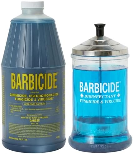 BARBICIDE Disinfectant Jar and Concentrate Starter Set (21 Oz Jar +64 Fl Oz)– Professional Salon, Spa & Barber Tool Sanitizing Kit by Barbicide