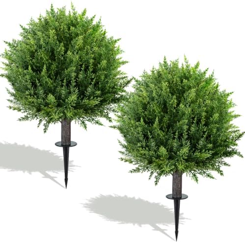 26'' Artificial Cedar Topiary Ball Tree Outdoor, Set of 2 UV Resistant Fake Bushes with Ground Spike, No Maintenance Realistic Greenery Fake Plant Ball for Porch Outdoor Garden Decor by Unknown