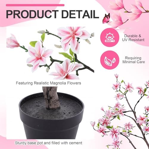Giegxin 6 FT Tall Artificial Magnolia Tree, 72 Inches Faux Magnolia Trees Realistic UV-Resistant Flower Leaves Plant with Pot for Patio Home Office Wedding Living Room Indoor Outdoor Decor(Deep Pink) - Image 3