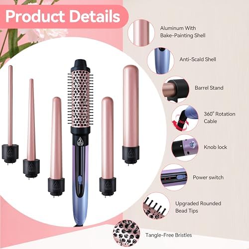 Curling Iron Set, 6 in 1 Hair Curling Wand with Curling Brush and 5 Interchangeable Ceramic Curling Wand(0.35'-1.25') Tourmaline Hair Curler, Instant Heat Up Curling Iron for Long Hair Women - Image 2