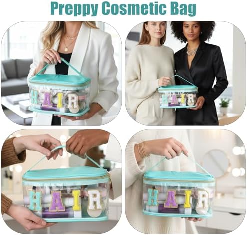Chenille Letter Clear Makeup Bags Hair Pouch Preppy Patch Makeup Bag Zipper with Handle Transparent PVC Waterproof Glitter Cosmetic Handbag Travel Toiletry Storage for Women Girl Valentine's Day - Image 7