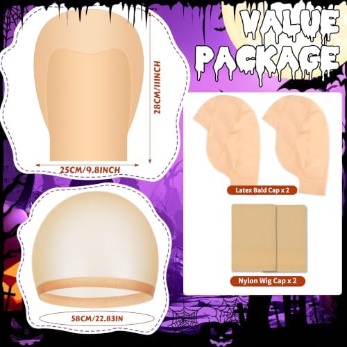 Halloween Makeup Latex Bald Caps with Nylon Wig Caps, Makeup Bald Cap for Halloween Party Adult Costume Accessories - Image 2