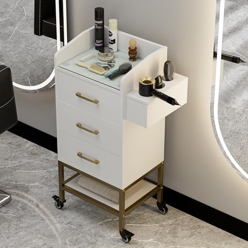 4-Tier Salon Station for Hair Stylist,White Beauty Barber Storage Station w/Glass Top, 3 Drawers, Hair Dryer Holders, Lockable Wheels for Barber Station, Salon Storage Equipment - Image 2
