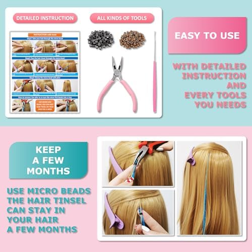 Green Hair Tinsel Kit 48 Inches 1200 Strands with Tools and Instruction Easy to Install Fairy Glitter Tinsel Hair Extensions for Women and Girls，Shinny Sparkling Braiding Hair Accessories - Image 5