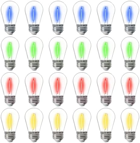 FLSNT 24-Pack S14 Colored LED String Light Bulbs, 1W Waterproof Outdoor Indoor Replacement Bulbs, E26 Base, CRI80, Red/Green/Blue/Warm White by FLSNT