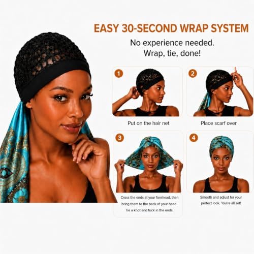 2 in 1 Wrap Cap Hair Net and Scarf for Silk Press, Satin Wrap Cap Bonnet for Women, Adjustable Stay-On Sleep Hair Net Scarf for All Hair Types - Image 6
