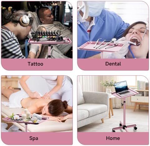 Salon Tray Cart Rolling Tray Spa Tray,Tattoo Tray Dental Tray Height Adjustable,Salon Tray on Wheels Premium Metal Rolling Trolley,Pink - Image 6