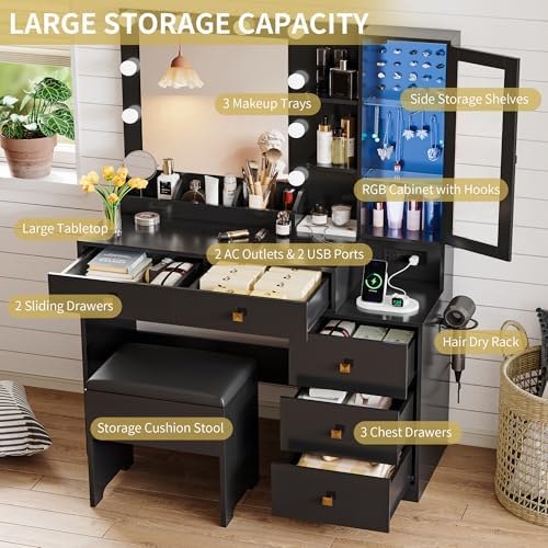 Vanity Desk with Mirror and Lights, Makeup Vanity Table Set with 5 Storage Drawers, Power Outlet & Chair, Small Dressing Table with RGB Ambient Light, Adjustable Brightness for Girls Bedroom, Black - Image 4