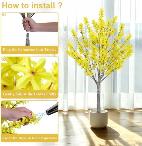 4FT Yellow Artificial Forsythia Tree, Faux Spring Forsythia Flower Branches Plant with Pot, Lifelike Fake Tree for Living Room Corner, Entryway, Porch Indoor Outdoor Decor - Image 6