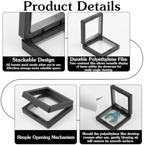 60 Pcs 3D Floating Display Case, 2.8 x 2.8 x 0.8 Inch Transparent Film 3D Floating Coin Display Frame Holder Stands for Challenge Coins, Jewelry, Shells, Gems, Rocks, Fossils, Specimen, Black - Image 4