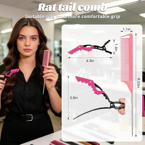Rat Tail and Parting Combs with Styling Clips: 3 Metal Teasing Combs for Braids, 7 Professional Sectioning Hair Clips - Image 4