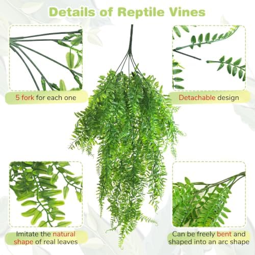 PINVNBY Reptile Plants Hanging Fake Vines Boston Climbing Terrarium Plant with Suction Cup for Bearded Dragons Lizards Crested Gecko Snake Hermit Crab and Tank Habitat Decorations (2 Pack) - Image 4