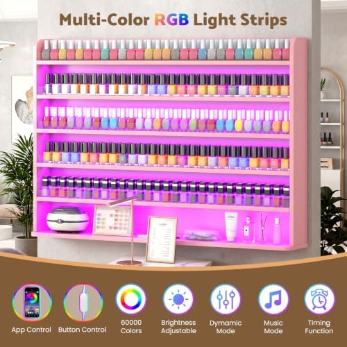 Wood Nail Polish Rack Display, 6 Tiers Nail Polish Wall Organizer, Pink - Image 4
