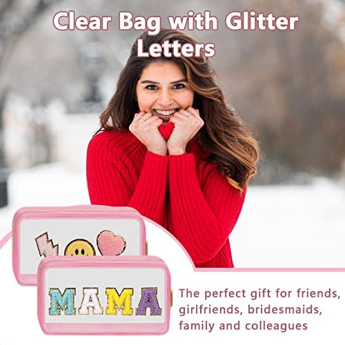 Iqimott Clear Patch Makeup Bag Mama Pouch, Preppy Personalized Chenille Letter Cosmetic Pouch for Travel, Nylon Waterproof Travel Essentials Zipper Toiletry Bags for Women Girls(MAMA, Pink) - Image 5