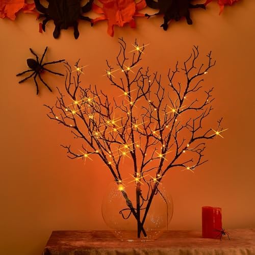 Halloween Branch Lights with Timer Battery Operated 75 LED Orange Fairy Lights, Lighted Black Willow Branches 21IN for Home Decor by Birchlitland