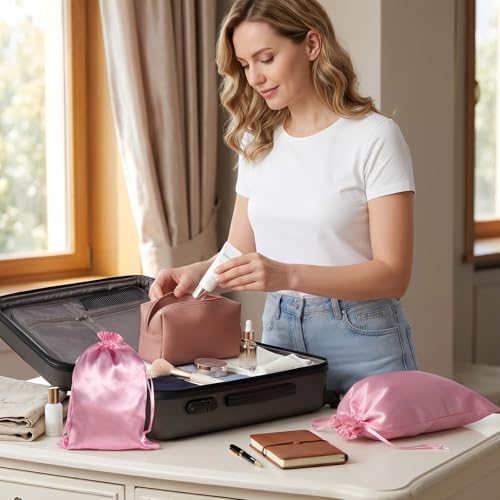 JIEYAO 6 Pieces Wig Bags with Satin Drawstring, Pink Silk Wig Storage Bags Storage for Wigs Extension Bundle(Pink) - Image 4