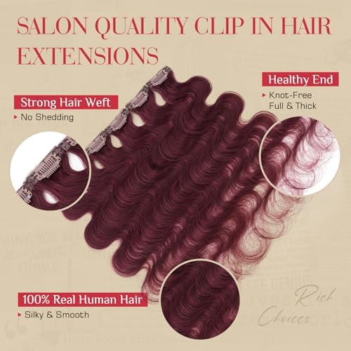 Rich Choices Short Clip In Hair Extension Real Human Hair-Wave/Curled 6 Pcs Single Clip Hairs Extension for Women-100% Remy Hairs Mini Clip ins Hairpieces for Thin Hairs-10 Inches #99J Burgundy Red - Image 6
