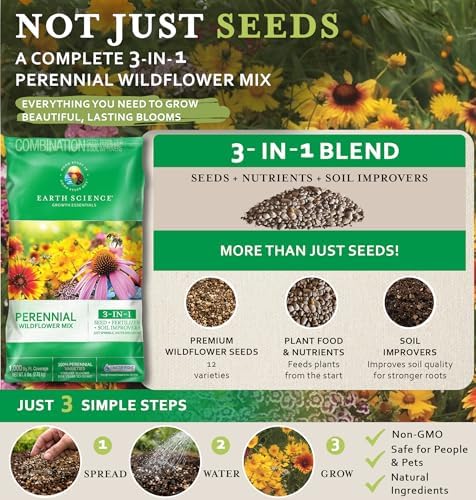 Earth Science Perennial Wildflower Mix—6 lb—3-in-1 Formula with Premium Wildflower Seeds, Plant Food and Soil Conditioners - Non-GMO, Natural Ingredients - Image 3