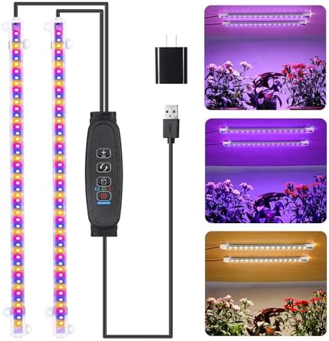 RWNTAO Two Strip Growing Lamp for Indoor Plants, Red & Blue & Yellow Full Spectrum LED Grow Light Strips with Auto ON/Off 3/9/12H Timer,10 Dimmable Levels for Green House Succulent (2 Head 13 in) by RWNTAO