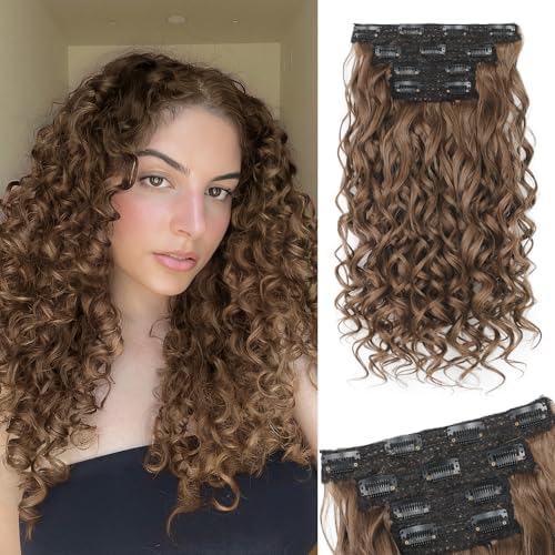 Vigorous Curly Clip In Hair Extensions,4PCS 16 inch Thick Curly Hair Extensions Lace Weft Clip Ins Invisible Natural Synthetic Hairpieces for Women,Light Brown(Z1#) by Vigorous