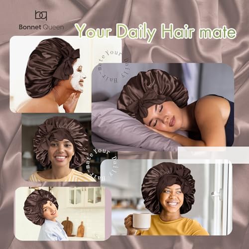 BONNET QUEEN XL Large Silk Like Bonnet for Sleeping for Curly Hair,Satin Bonnet with Adjustable Tie Band, Brown - Image 2