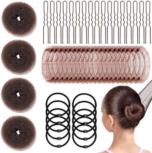 YINGFENG 134 Pcs Brown Hair Bun Maker Kit for Kids Small - 4 Hair Donuts for Buns, 20 Hair Nets for Buns, 100 U Shaped Bobby Pins, 10 Hair Bands, for Girls, Ballet Dance, Hair Accessories for Women by YINGFENG