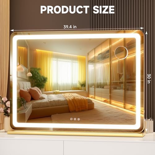 Hasipu Vanity Mirror with Lights, 39.4" x 30" LED Makeup Mirror, Lighted Makeup Mirror with Dimmable 3 Modes, Touch Screen Control Vanity Mirror Round Gold - Image 2